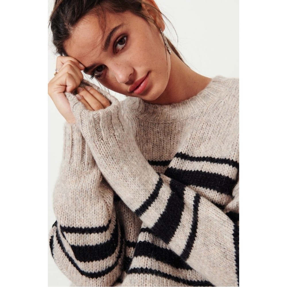 Ba&sh Bosco Pullover Striped Crew Neck Sweater Greige Black‎ Sz XS Oversize Chic